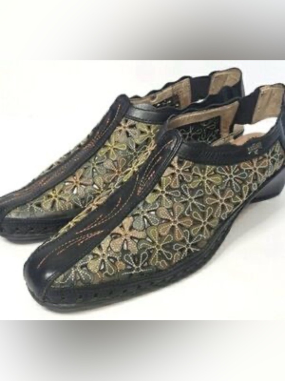PIKOLINOS Black & Gold Floral Spanish Leather Sandals, Sz 42